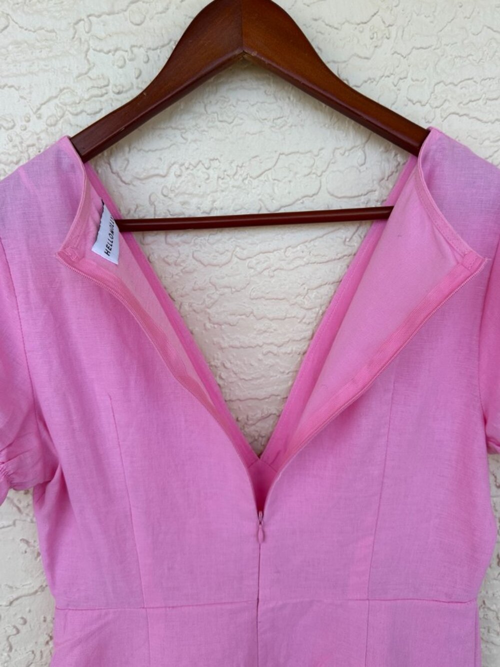 Hello Molly Pink Linen Blend Puff Sleeve Mini Dress Cottagecore Slit M - Picture 7 of 8
